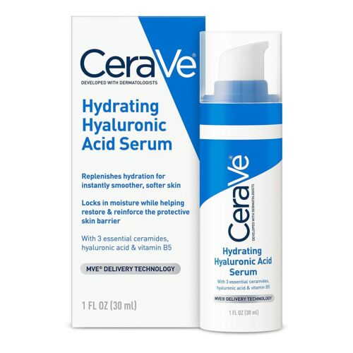 CeraVe Hydrating Hyaluronic Acid Serum in a white and blue pump bottle, front view