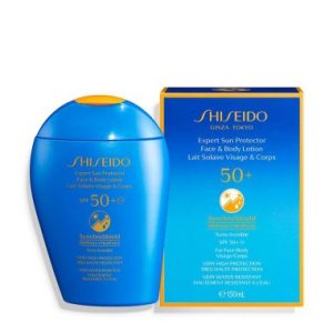 Shiseido Expert Sun Protector SPF 50+ lotion in white and blue bottle with gold cap, 150ml size