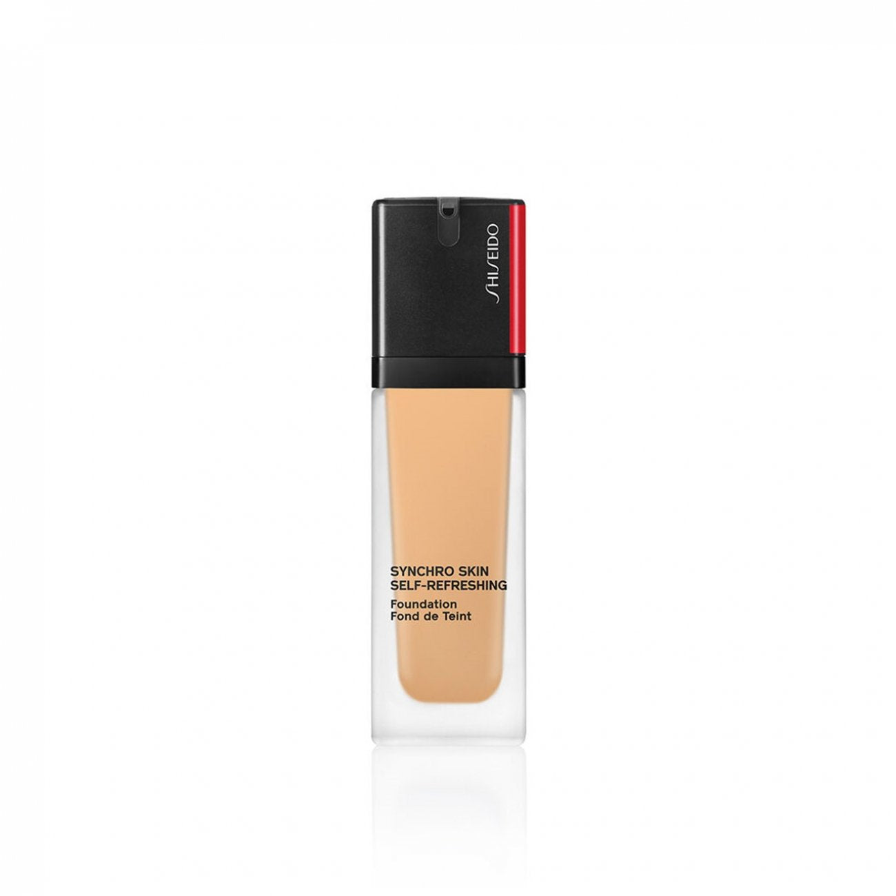 Shiseido Synchro Skin Self-Refreshing Foundation SPF30 bottle in shade #350 Maple on white background