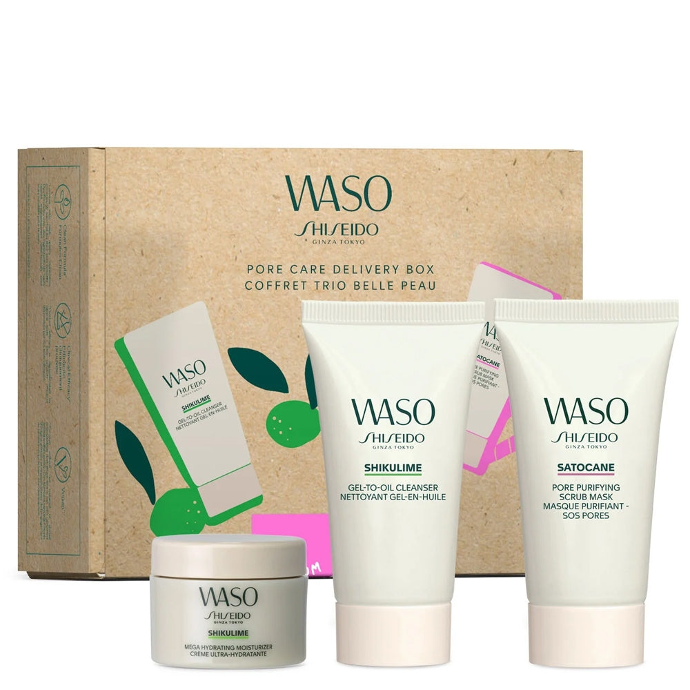 Shiseido Waso Pore Care Kit featuring three bottles: oil cleanser, moisturiser, and scrub mask on a white background