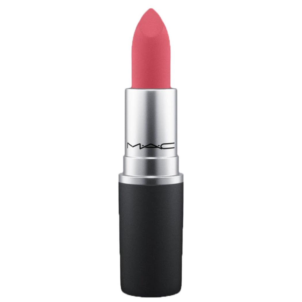 MAC Powder Kiss Lipstick in Mandarin O shade, a warm orange bullet in sleek black packaging