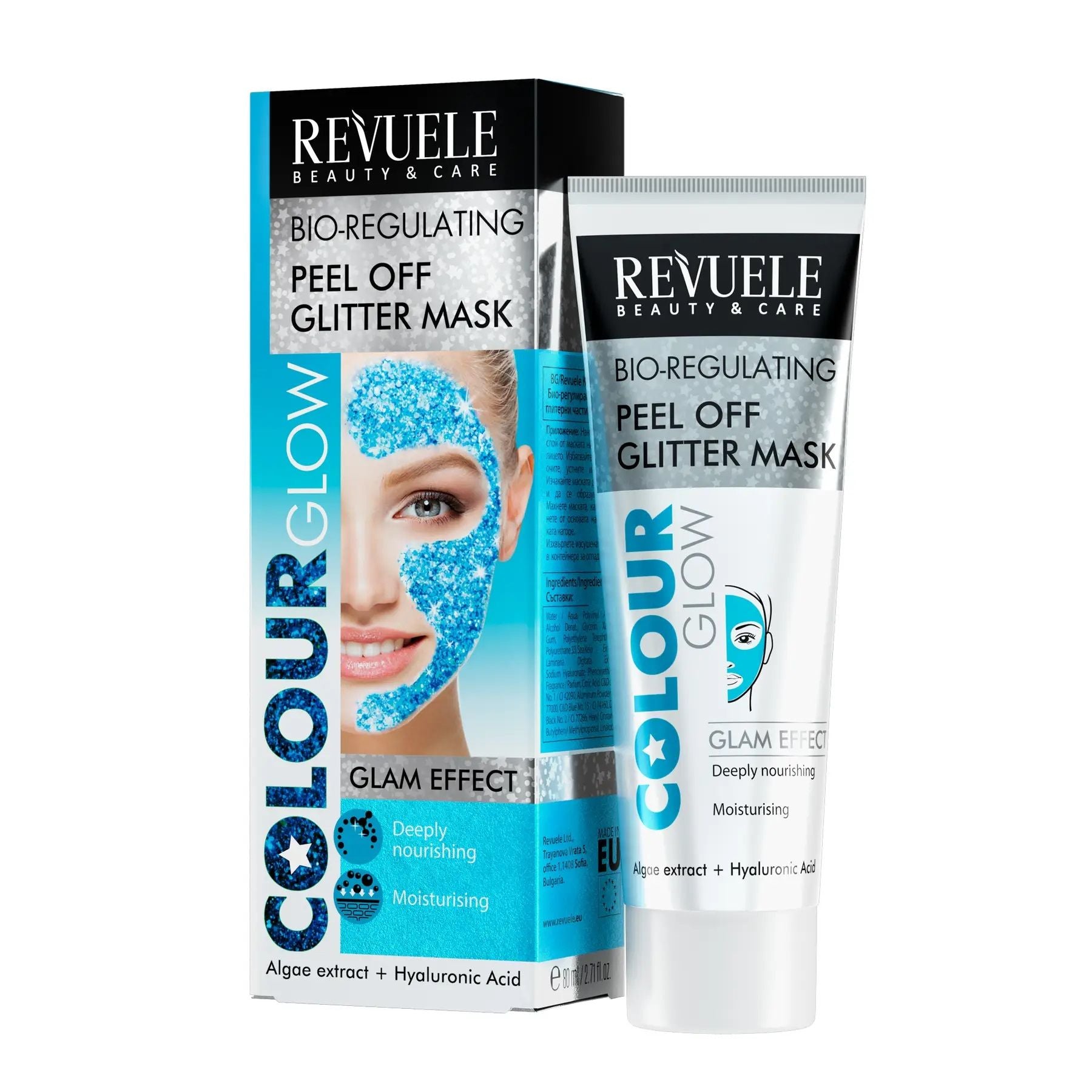 Revuele Peel Off Glitter Mask Blue 80ml tube on white background