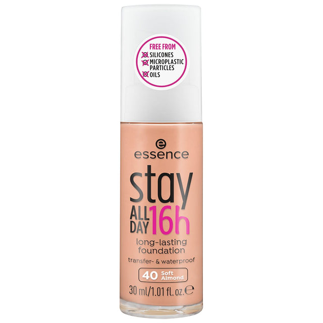 Essence Stay All Day 16H Foundation in shade 40 Soft Almond, 30ml bottle with matte black cap on white background