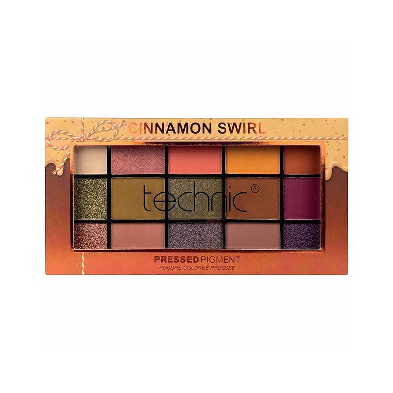 Technic Cosmetics 15 Color Eyeshadow Palette Cinnamon Swirl in open case showing fifteen warm neutral shades