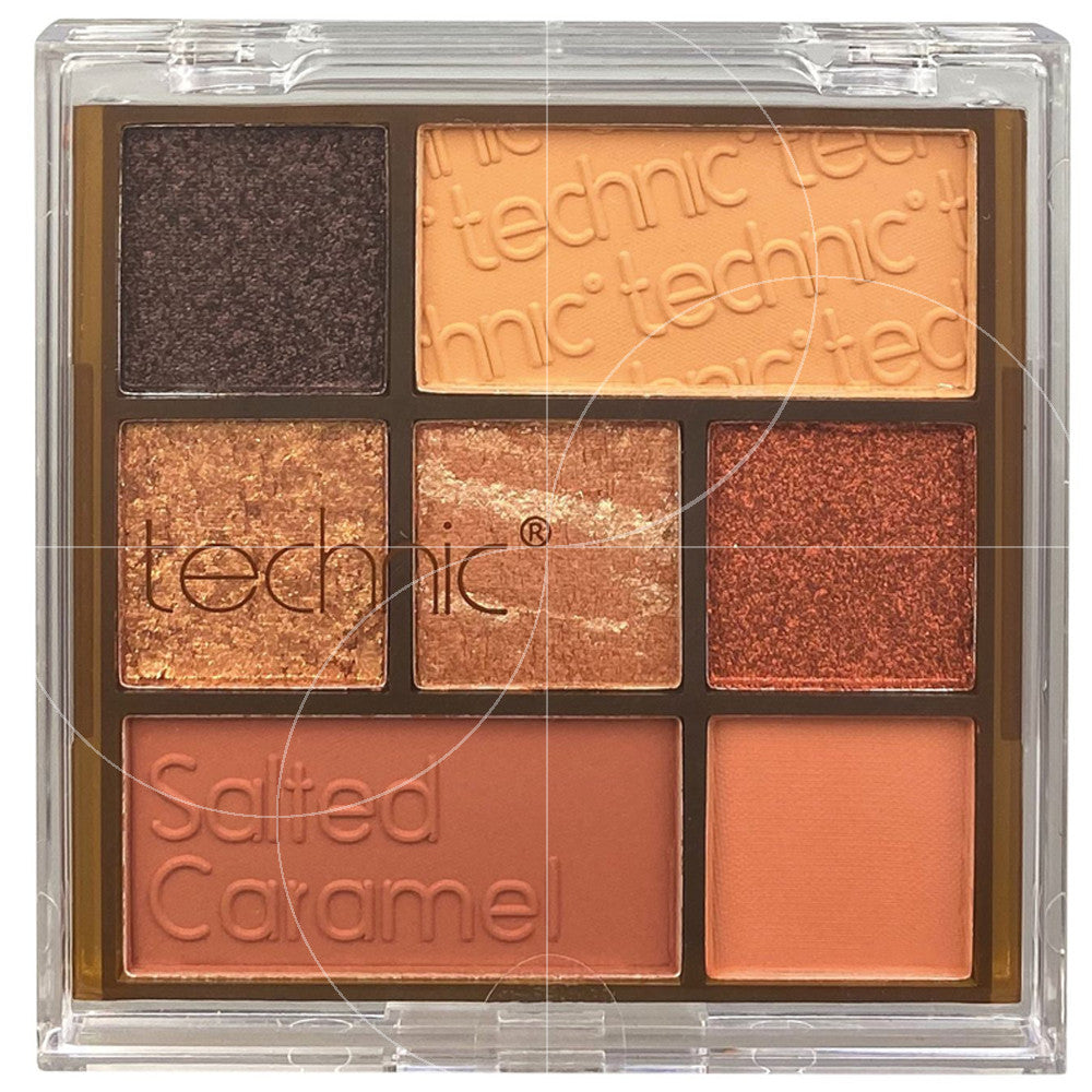 Technic Cosmetics Salted Caramel eyeshadow palette open, showing eight warm-toned shades from matte cream to deep espresso