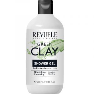 Revuele Green Clay Shower Gel 300ml bottle on a tiled shower shelf with soft lighting