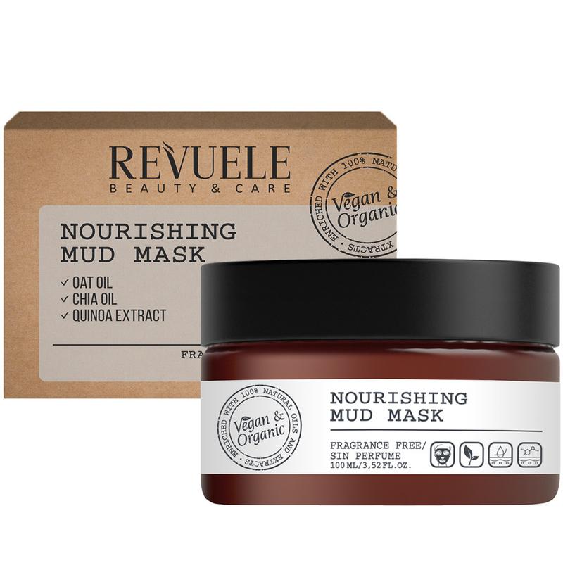 Revuele Vegan & Organic Mud Mask 100ml tube on a white surface, green and white packaging.