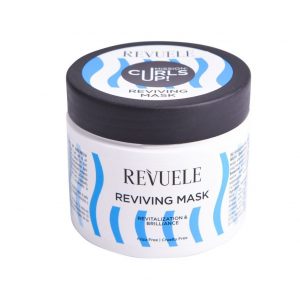 Revuele Curls Up Revitalizing Mask in a 300ml tub, white and purple packaging with curl illustration