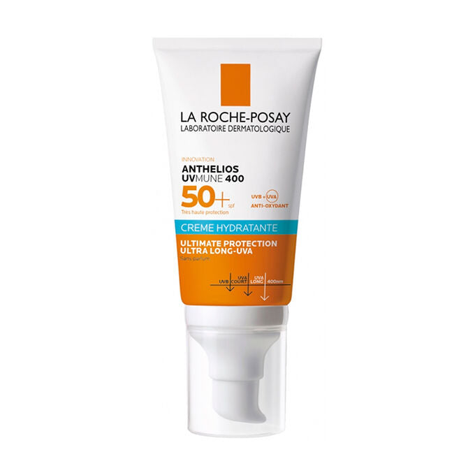 La Roche Posay Anthelios UVmune 400 Cream SPF50+ in a white tube with blue cap