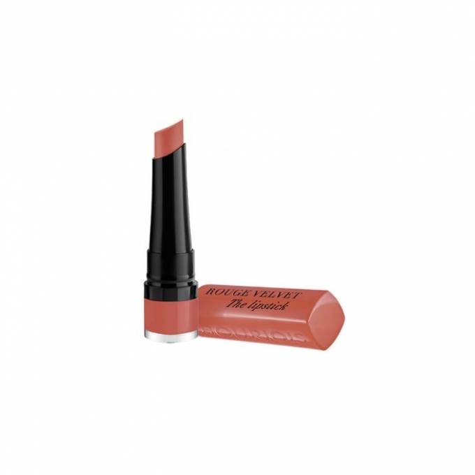 Bourjois Rouge Velvet The Lipstick No.15 Peach Tatin — warm peach matte shade in teardrop bullet